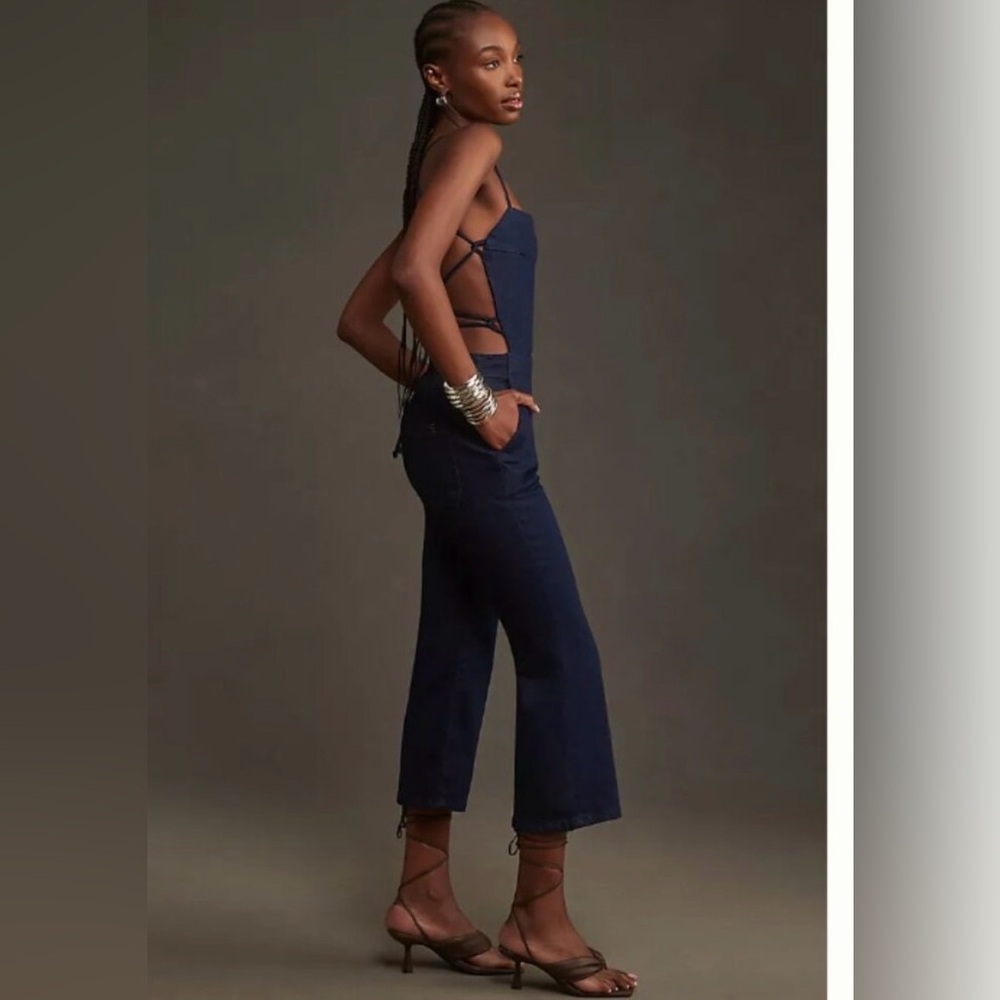 Anthropologie New Navy Blue Strappy Back Denim Jumpsuit
